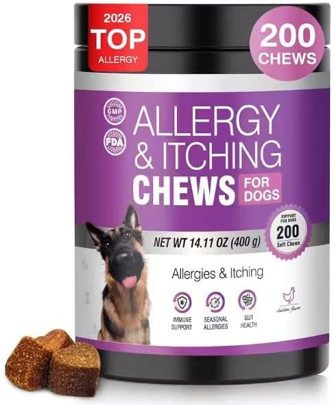 Dog Allergy Chews for Dogs, Itch Relief Support for Itchy Skin, Paw Licking & Itchy Ears, Skin & Coat Health with Colostrum & Probiotics, Chicken Flavor Soft Chews, 200 Count