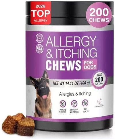 Dog Allergy Chews for Dogs, Itch Relief Support for Itchy Skin, Paw Licking & Itchy Ears, Skin & Coat Health with Colostrum & Probiotics, Chicken Flavor Soft Chews, 200 Count
