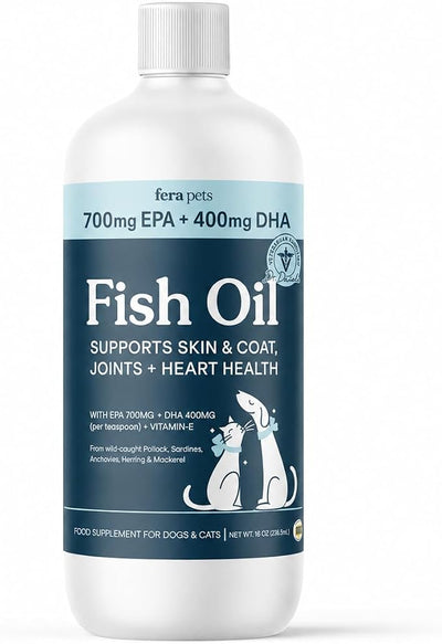 Fera Pets Fish Oil - Omega 3 for Dogs & Cats to Support Joints, Heart, Skin and Coat Health - Non GMO with Vitamin E - 8 oz