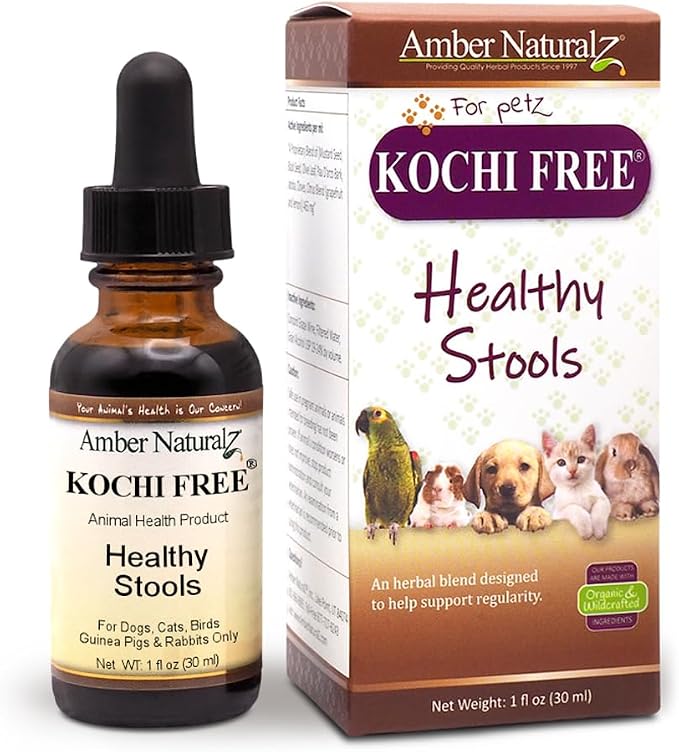 Amber NaturalZ Kochi Free Herbal Supplement for Dogs, Cats, Birds, Guinea Pigs, and Rabbits | Pet Herbal Supplement for Healthy Stool Support | 1 Fluid Ounce Glass Bottle | Manufactured in the USA