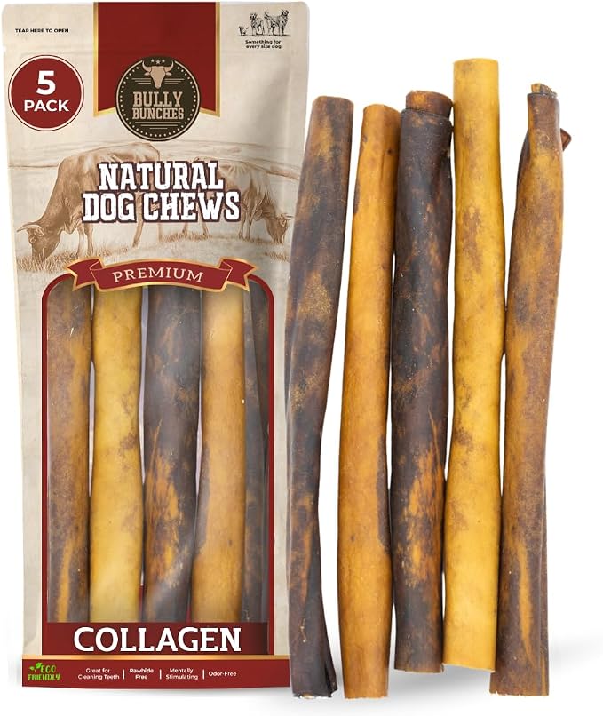 Bully Bunches Premium (12" Collagen - 5 Pack) Beef Chews for Dogs – All-Natural, Long-Lasting Dental Treats, Protein-Rich, Grain-Free, Healthy Digestive Support for Dogs