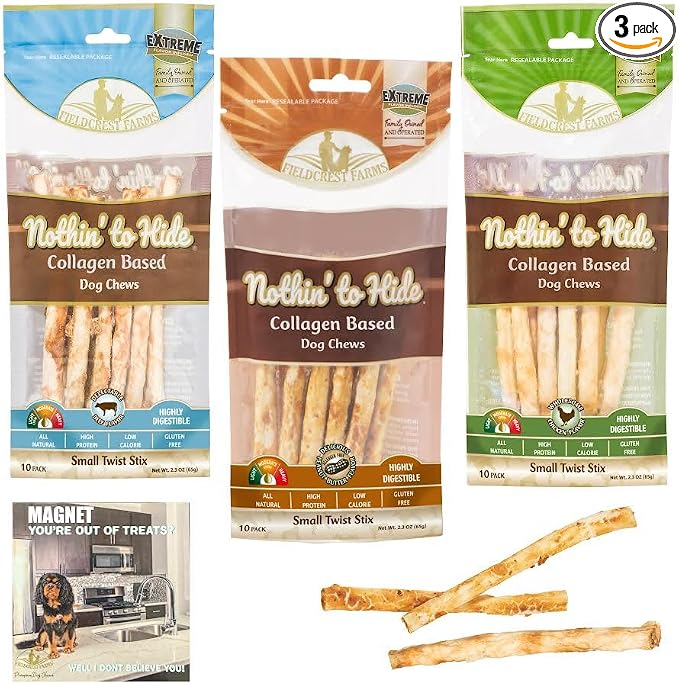 Fieldcrest Farms Nothing to Hide Natural Rawhide Alternative Twist Stix for Dogs - 3 Pack (Chicken, Beef, Peanut Butter) Premium Easily Digestible Chews, Magnet