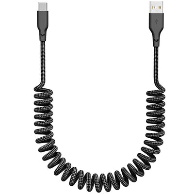 Coiled Car Carplay Charger Fast Charging，[1-Pack, 3Ft] Retractable Braid USB A to USB C Cable for iPhone 17/16/15/Plus/Pro Max/MacBook Pro, Type-C Cord,Black