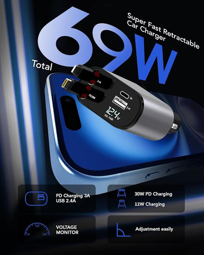 84W Retractable Car Charger,Car Phone Charger USB C Fast Charge for iPhone | EloBeth Car Charger,Cigarette Lighter USB Charger Car Accessories,Road Trip Essentials Gift for Men,for iPhone 17/16,Galaxy