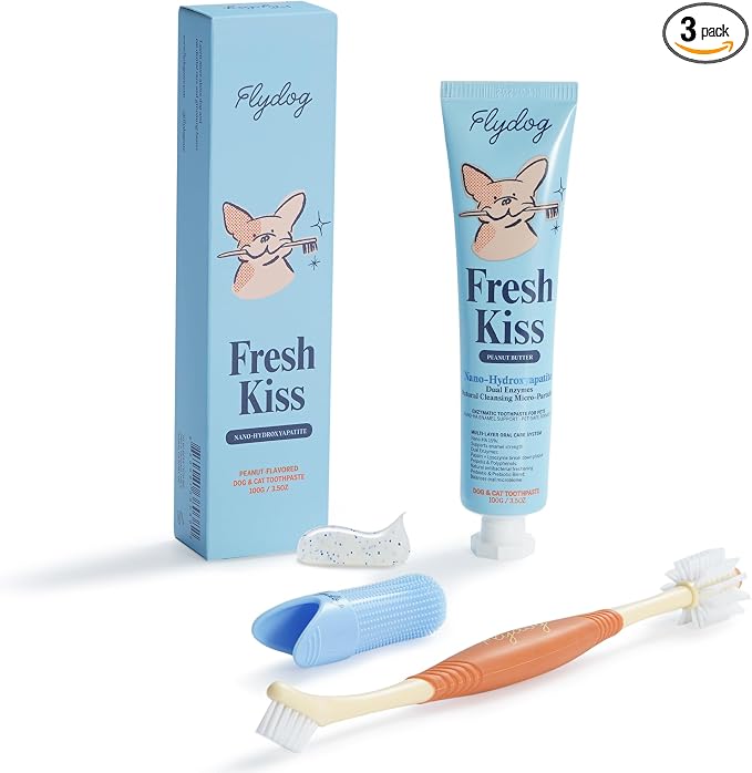 FlyDog Fresh Kiss Nano-HAp Dog Tooth Brushing Kit, Vet Approved Remineralizing Formula for Dogs & Cats - Rebuild Enamel, Remove Tartar & Plaque, 360° Toothbrush & Silicone Finger Brush (Peanut Butter)