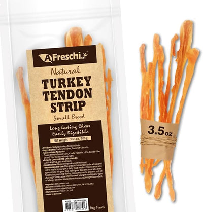 A Freschi srl Turkey Tendons for Dogs, USA-Sourced Human Grade, Rawhide-Free Long-Lasting Puppy Chews, All Natural Hypoallergenic Dog Treats for Small Breeds, 3.53 oz Pack Strips