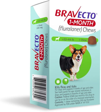 BRAVECTO 1-Month Chews for Puppies,>22-44 lbs., 1 Chew, Green Box | Flea Treatment, Flea Prevention, Tick Treatment, Tick Control, 1 Chew, 1 Month Supply, Dogs, Puppies