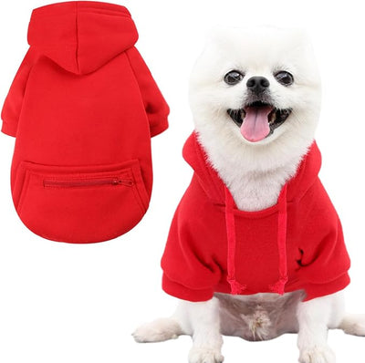 Jecikelon Dog Hoodies for Small Dogs with Zipper Pocket, Soft Fleece Puppy Clothes with Rope Hat, Warm Winter Outfits Cold Weather Coats, Cute Sweatshirt Chihuahua Costume (XX-Small, Y02-Red)