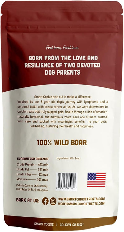 Smart Cookie 100% Wild Boar Jerky Dog Treats - Single Ingredient Hypoallergenic Training Treat Strips for Dogs and Puppies with Sensitive Stomachs - 100% Boar Meat, Grain Free, Made in USA - 3oz