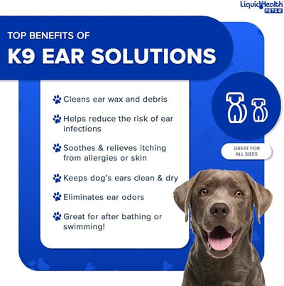 LIQUIDHEALTH Pets K9 Dog Ear Cleaner Wash Solutions - Infection Cleaning Hygiene Treatment Liquid Drops for Dogs, Canines, Puppies - for Use After Swimming or Bathing - Made in The USA (8 oz, 1Pack)