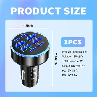 Car Charger Adapter with 8 Ports,40W 12V-24V Car Cigarette Lighter Adapter Includes 4 Type-C & 4 USB,Universal Fast Cars Charger Port Cars Accessories for Phone,Tablet,Dash Cam