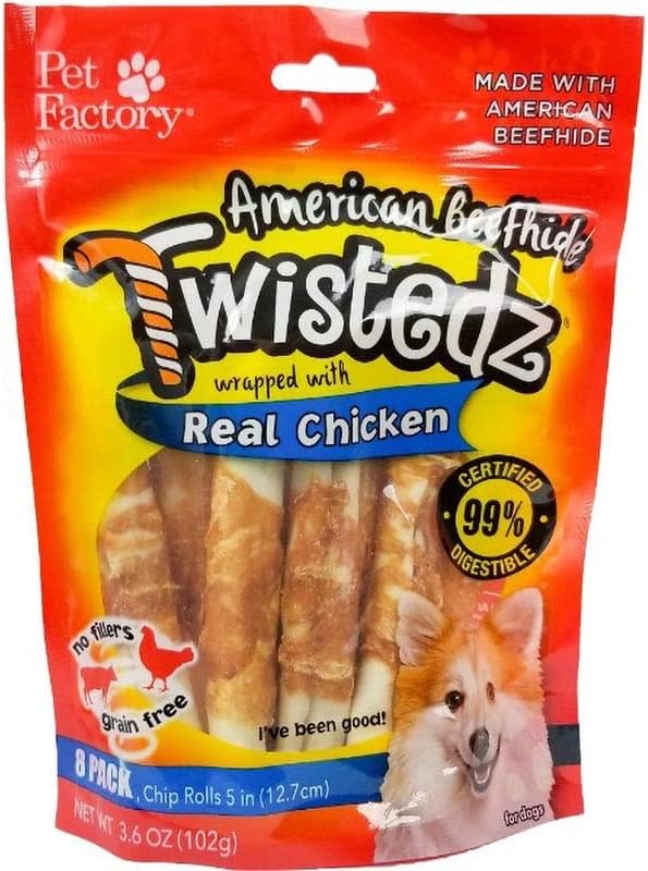 Pet Factory Twistedz American Beefhide 5" Chip Rolls Dog Chew Treats w/ Real Chicken Meat Wrap - 8 Count/1 Pack