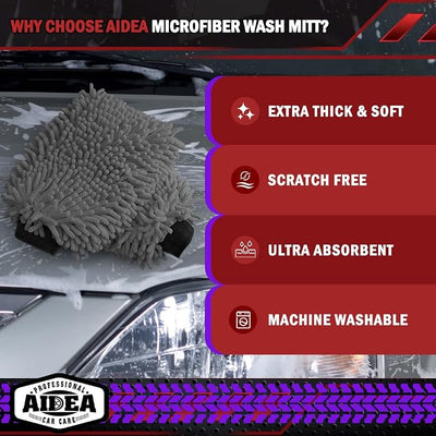 AIDEA Car Wash Mitt Microfiber, 2PK, Car Wash Brush, Grey, 8''X12'' | Scratch Free Lint Free Premium Chenille Microfiber Mitt, Cleaning Supplies, Extra Large Size