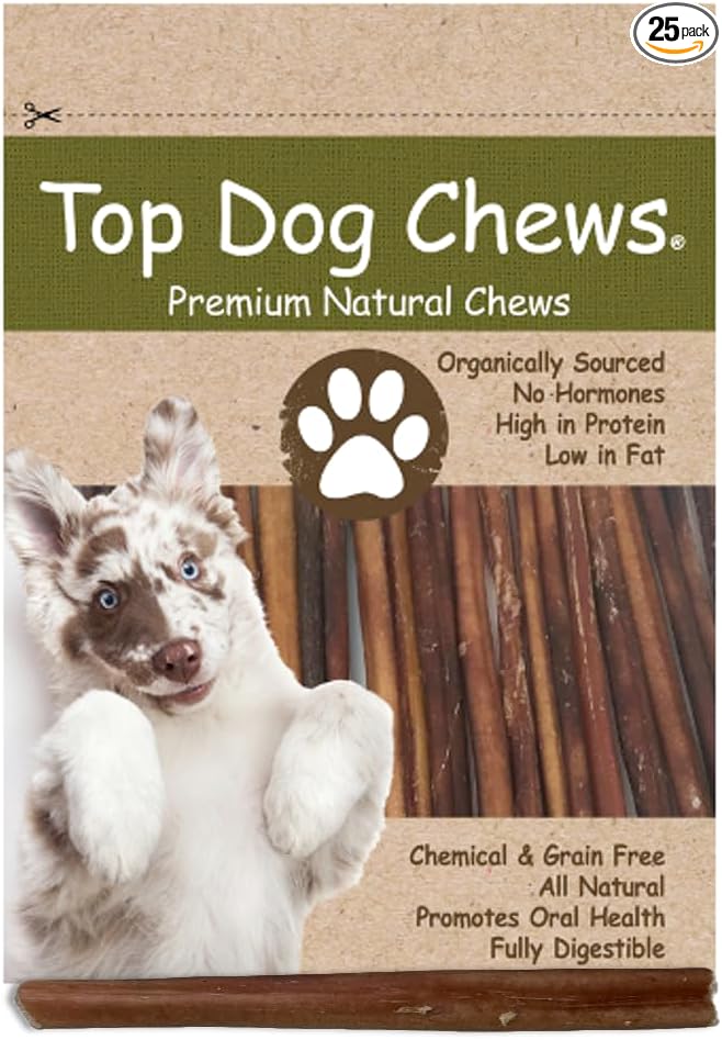 Top Dog Chews 6" Bully Sticks - 100% Natural, Grass-Fed Beef from Free-Ranging Cattle, 25 Pack of, Long Lasting Dog Treats for Small, Medium, and Large Dogs, Ideal for Chewing, Healthy Teeth & Gums
