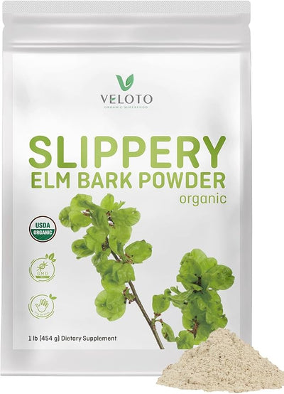 VELOTO Organic Slippery Elm Bark Powder, 1 Pound, Pure Slippery Elm Inner Bark Powder, Natural Vegan Herbal Supplement for Soothing Throat Digestive Health, Gluten-Free, No Contaminated, No GMOs, 454g
