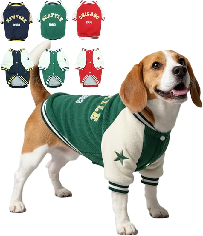 X-Large Dog Winter Fleece Jacket – Stylish Varsity Doggy Coat with Snap Closure & Thick Lining, Warm Pet Sweaters for Large Dogs, Puppy Sport Jackets, Fashion Pup Baseball Uniform, Green XL