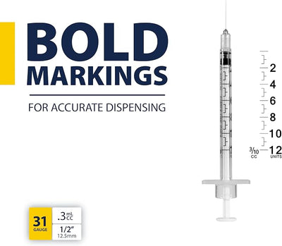 Easy Touch Pet U-40 Insulin Syringes for Dogs & Cats – 31G 0.3cc 1/2", Half-Unit Markings, Compatible with U-40 Insulin, Box of 100 (For Animal Use Only)