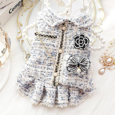 Spring Fall Winter Dog Tweed Coat with Pearl Design, Warm Fleece Dog Dress for Small Medium Dogs & Cats, Cute Puppy Clothes with Bow & Flower, Luxury Pet Outfit for Girls(Blue,S)