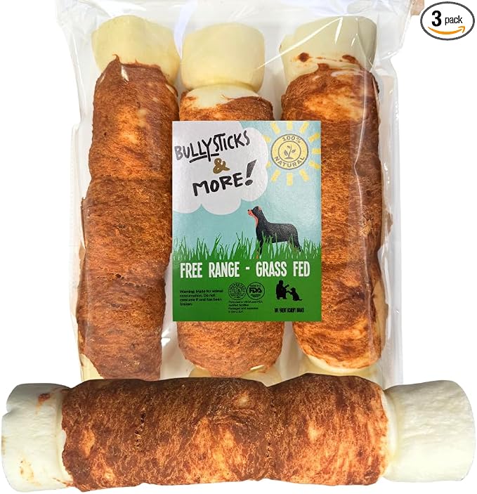 BULLYSTICKS & MORE 10-12" Beef Cheek Rolls for Dogs (Chicken Wrapped - 3 Count) - Beef Cheek Bones for Dogs - Dog Parents Choice - Premium No Hide Rolls