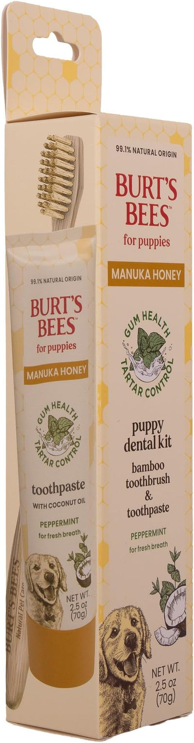 Burt's Bees for Pets Peppermint Puppy Dental Kit with Bamboo Toothbrush & Puppy Toothpaste, Manuka Honey & Coconut Oil for Gum Health, Tartar Control, 99.1% Natural Origin Formula, 2.5 Oz