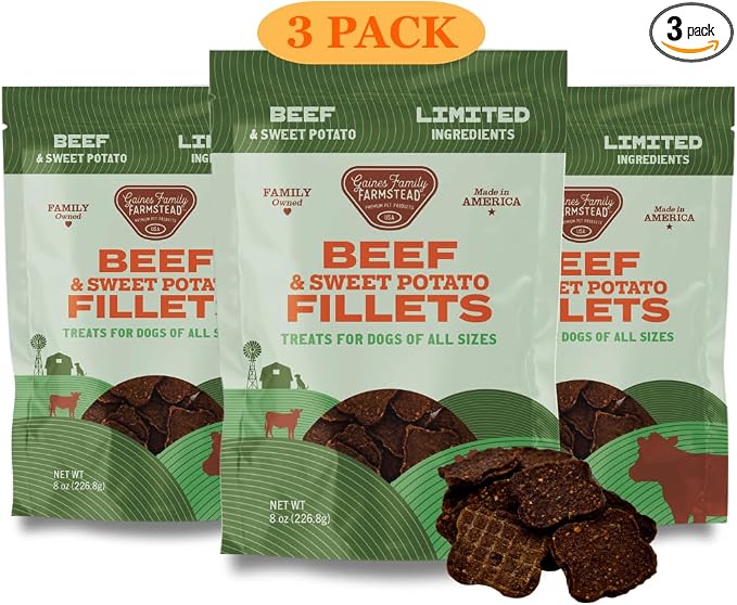 Gaines Family Farmstead Beef & Sweet Potato Fillets for Dogs 3 Pack - 8 oz Bags, All-Natural, Grain-Free, Healthy Dog Treats for All Ages & Breeds, Made in USA