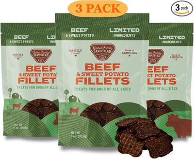 Gaines Family Farmstead Beef & Sweet Potato Fillets for Dogs 3 Pack - 8 oz Bags, All-Natural, Grain-Free, Healthy Dog Treats for All Ages & Breeds, Made in USA