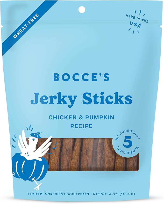 Bocce's Bakery Jerky Stick Dog Treats, Wheat-Free, Made with Limited-Ingredients, Baked in The USA with No Added Salt or Sugar, Natural & High-Protein, Chicken & Pumpkin, 4 oz