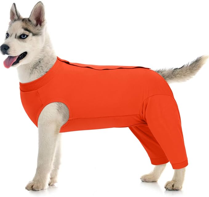 Kuoser Dog Recovery Suit with Anti Licking Rear Leg Sleeve, Orange XL | Abdominal Dog Surgical Suit with Pants Cover Protect Wounds, Dogs Elbow Protector Soft Pet Surgery Onesie Cone Alternative