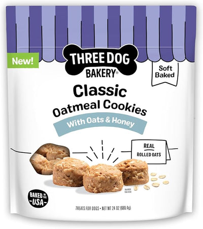 Three Dog Bakery Classic Oatmeal Cookies for Dogs, Baked Puppy Treats with Real Oats, 24 oz
