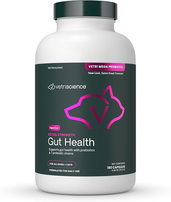 VetriScience Extra Strength Gut Health Probiotic & Prebiotic Digestive Supplements for Dogs & Cats, Gas & Diarrhea & Immune Support, Easy-Open Capsules, 180 Count
