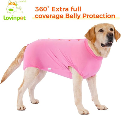 LovinPet Dog Recovery Suit, Easy Snap-Back Cover for Large Dogs, Bodysuit for Female Dogs, Solid-Color Surgery Suit with Cushioned Belly Panel, Pink, L