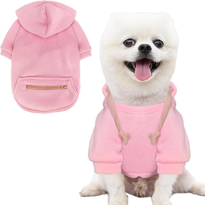 Jecikelon Dog Hoodies for Small Dogs with Zipper Pocket, Soft Fleece Puppy Clothes with Rope Hat, Warm Winter Outfits Cold Weather Coats, Cute Sweatshirt Chihuahua Costume (Pink2, Small)