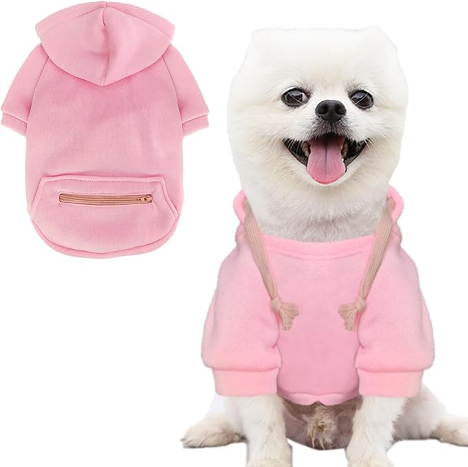 Jecikelon Dog Hoodies for Small Dogs with Zipper Pocket, Soft Fleece Puppy Clothes with Rope Hat, Warm Winter Outfits Cold Weather Coats, Cute Sweatshirt Chihuahua Costume (Pink2, Medium)
