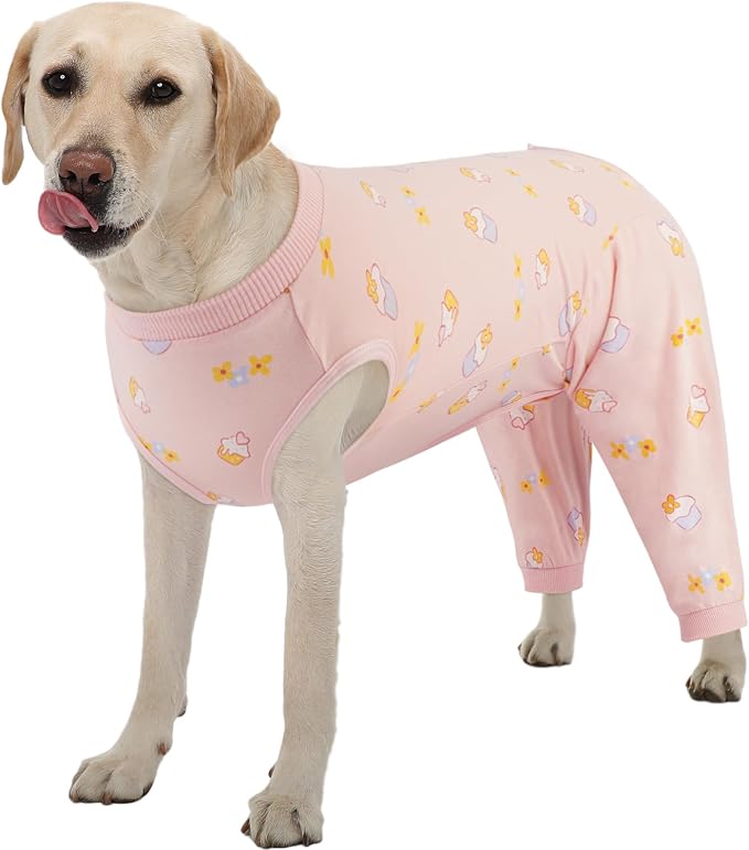 Kuoser Dog Recovery Suit with Anti Licking Rear Leg Sleeve, PinkCake 2XL | Abdominal Dog Surgical Suit with Pants Cover Protect Wounds, Dogs Elbow Protector Soft Pet Surgery Onesie Cone Alternative