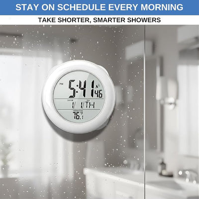 Shower Clock for Bathroom and Kitchen - Large Digital Display Shows Time, Date, Day of The Week and Temperature. Large Suction Cups, Hanging Hole, and Kick Stand - Atomic Clock