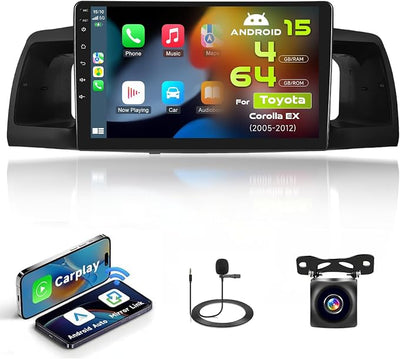 8 Core [4+64G] Android 15 Car Radio for Toyota Corolla EX 2005-2012 Wireless Carplay Android Auto,9'' Touch Screen for Corolla with GPS/5GHz WiFi/EQ/DSP/Bluetooth/FM RDS+Backup Camera