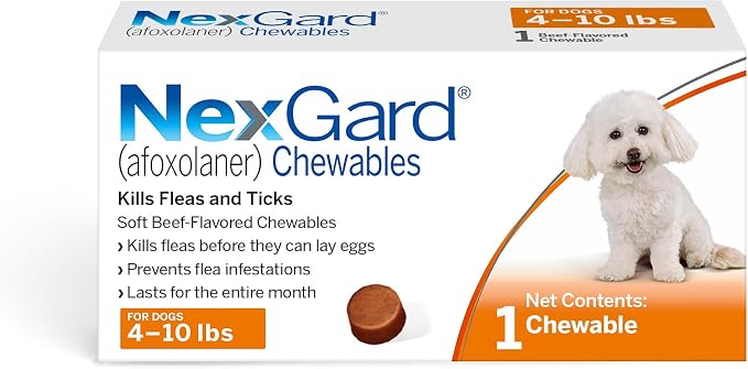 NexGard® (afoxolaner) Flea and Tick Protection for Dogs Oral Soft Beef Flavored Chewables, 4 to 10 lbs. (Orange Box) 1 Chew (1 Month Supply)