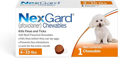 NexGard® (afoxolaner) Flea and Tick Protection for Dogs Oral Soft Beef Flavored Chewables, 4 to 10 lbs. (Orange Box) 1 Chew (1 Month Supply)