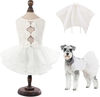 ASENKU Dog Dress, Dog Wedding Dress, Pet Lace Princess Dress with Bows for Wedding Birthday Party, Puppy Formal Apparel with Pearl Necklace for Large Dogs (White, XX-Large)