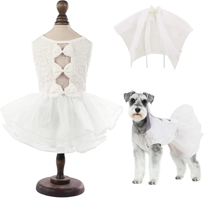 ASENKU Dog Dress, Dog Wedding Dress, Pet Lace Princess Dress with Bows for Wedding Birthday Party, Puppy Formal Apparel with Pearl Necklace for Large Dogs (White, X-Large)