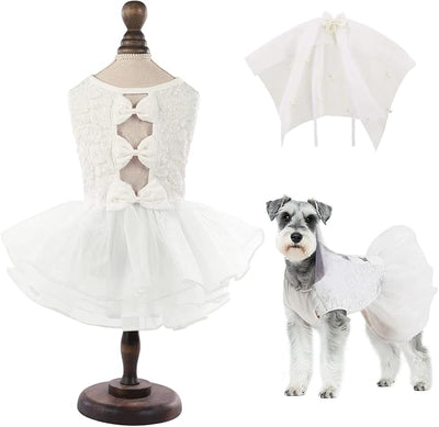 ASENKU Dog Dress, Dog Wedding Dress, Pet Lace Princess Dress with Bows for Wedding Birthday Party, Puppy Formal Apparel with Pearl Necklace for Large Dogs (White, X-Large)