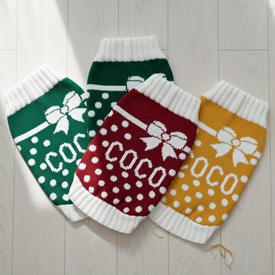 Custom Knit Sweater for Dogs and Cats Personalized Name Bow Polka Dot Design Soft Cozy Pet Wear for Winter Holiday Special Occasions Valentines Gift