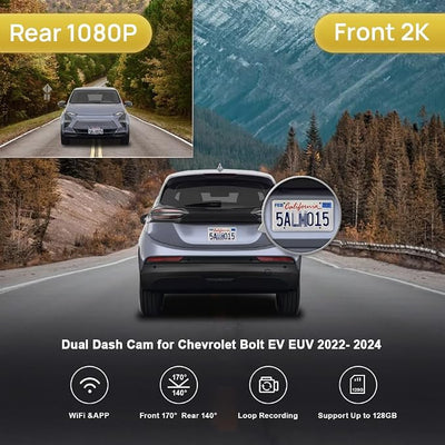 Fitcamx 2K Dual Dash Cam for 2022-2024 Chevy Bolt EV & EUV LT 1LT 2LT Premier (HD2-4267), OEM Look, Front 1440P+Rear 1080P HD Video, WiFi & APP, Loop Recording, G-Sensor, Easy to Set, 64GB