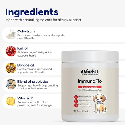 ImmunoFlo Dog Allergy Relief Chews – Immune Support & Anti Itch for Dogs | Astragalus, Moringa, Neem, Probiotics | Dog Yeast Infection & Seasonal Allergy Supplement | Soft Chews for All Breeds