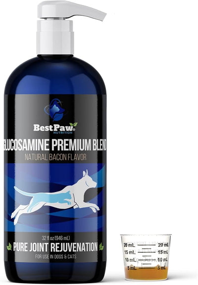 Liquid Glucosamine for Dogs | Glucosamine Chondroitin MSM with Hyaluronic Acid | Hip and Joint Supplement | Bacon Flavor | Easy Pump Food Topper | 32oz