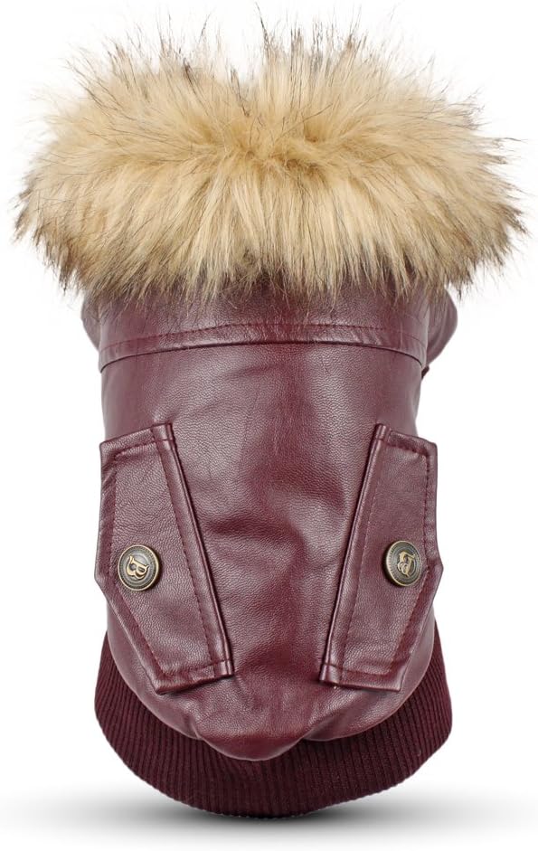 LESYPET Dog Leather Jacket for Small Dogs, Waterproof Dog Winter Jacket Puppy Coat with Fleece Lined, Ultra Warm Fur Collar Doggie Coat, Red S