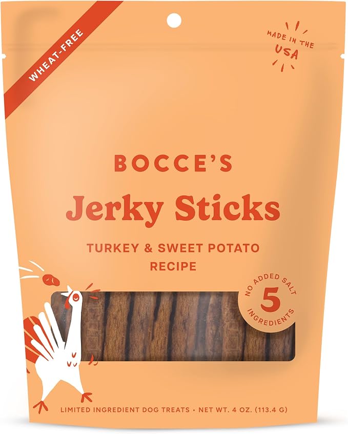 Bocce's Bakery Jerky Stick Dog Treats, Wheat-Free, Made with Limited-Ingredients, Baked in The USA with No Added Salt or Sugar, Natural & High-Protein, Turkey & Sweet Potato, 4 oz