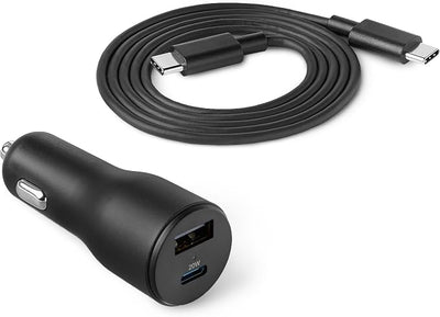 Amazon Basics Fast-Charging Car Charger, 1 USB-C (20W) + 1 USB-A (12W), 32W, with 3-Ft Cable, Black