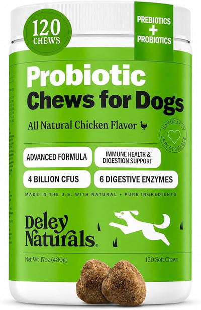 Deley Naturals Dog Probiotic Chews - 4 Billion CFU Probiotics for Dogs with Digestive Enzymes & Prebiotics - Grain Free Soft Chews for Gut Health & Digestive Support - 120 Chicken Chews Made in USA