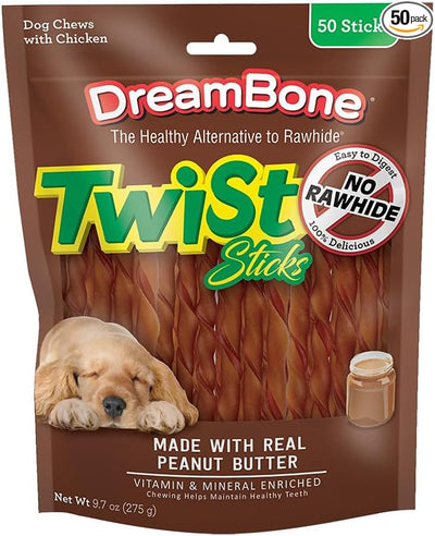 DreamBone Peanut Butter Twist Stick Dog Treats, Daily Rawhide-Free Chew, Digests Safely and Completely, with Real Protein, Peanut Butter and Veggies, 50 Count